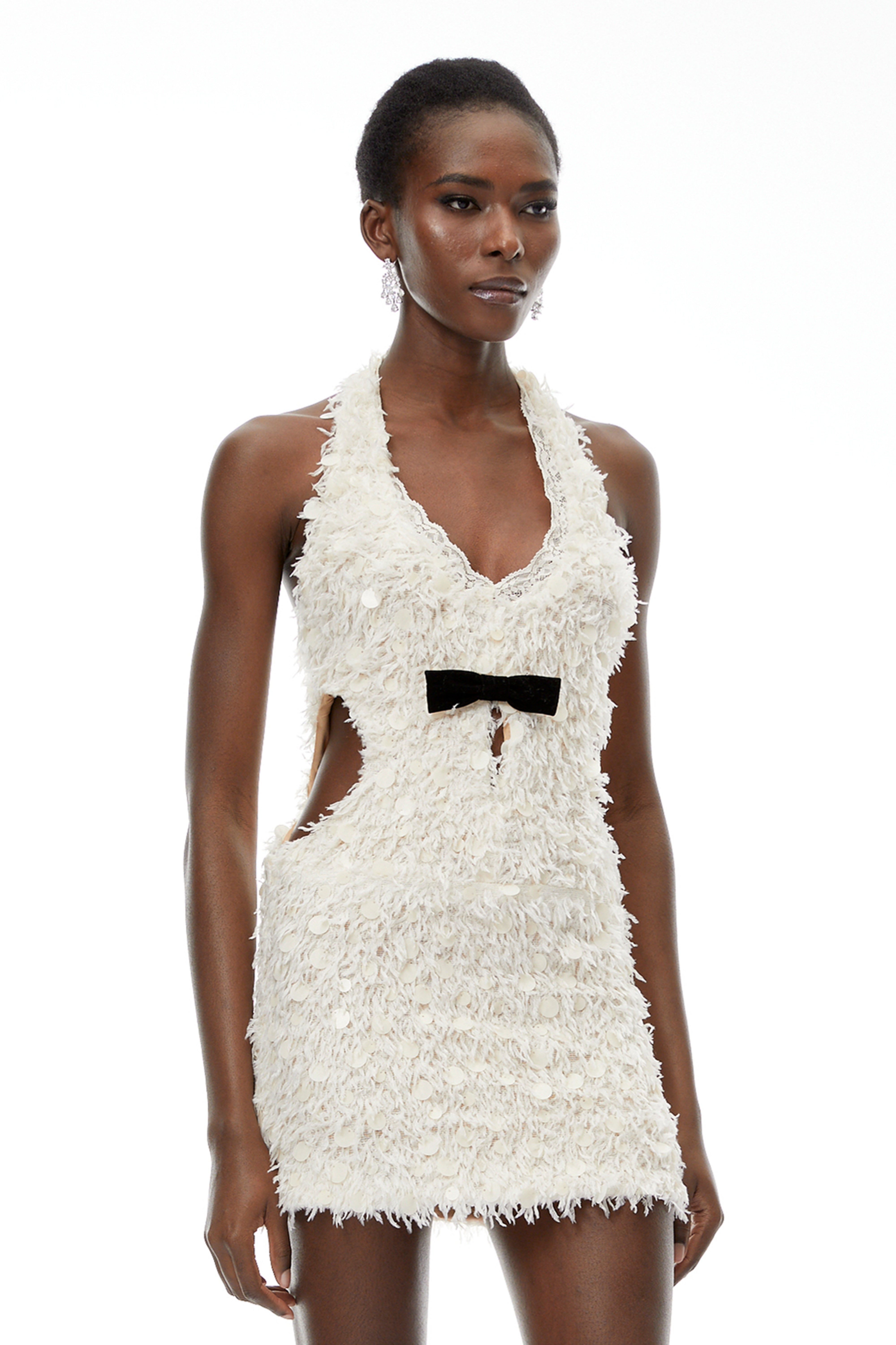 Maite Neutral Halterneck Mini Dress with Fringe