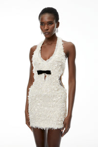 Maite Neutral Halterneck Mini Dress with Fringe