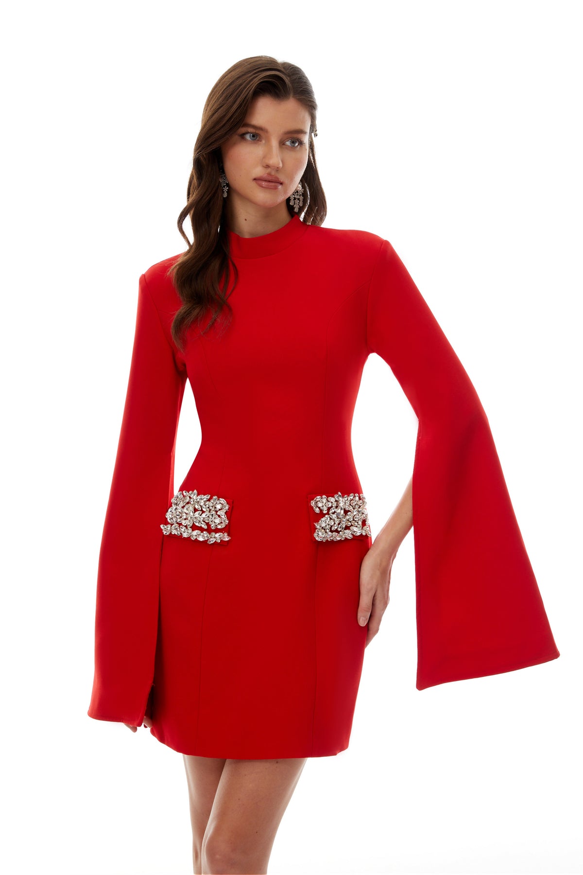 Manon Red Mock Neck Embellished Mini Dress