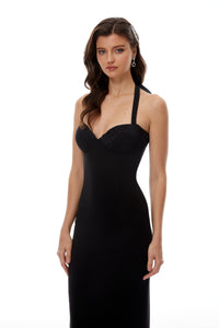 Margarete Black Halterneck Lace-Up Midi Dress
