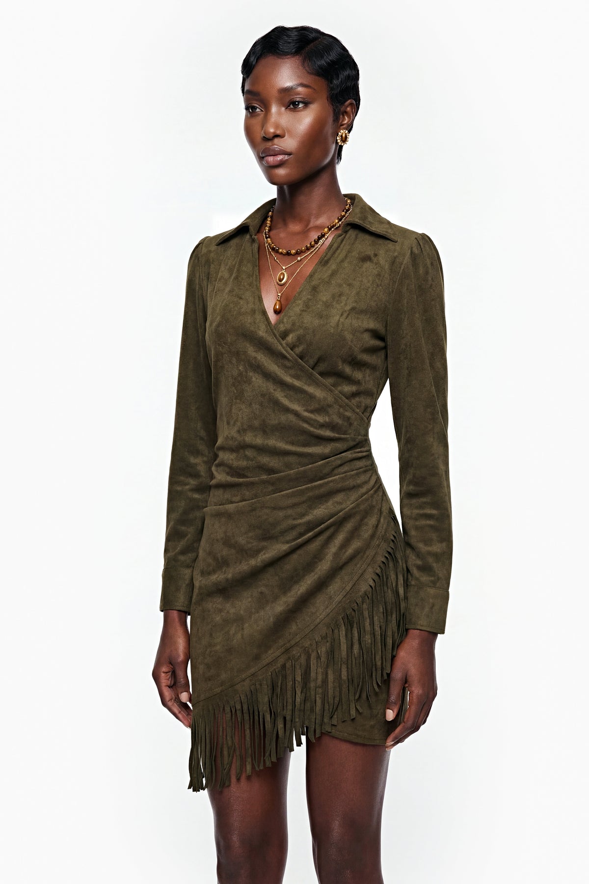 Margarete Green Faux Suede Mini Dress with Fringe