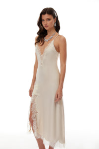 Margherita Champagne Lace Panel Satin Midi Dress