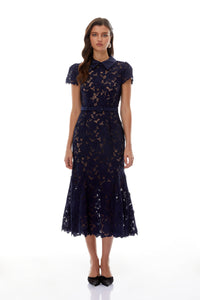 Marlene Navy Blue Floral Lace Midi Dress