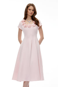 Marley Pink Pleated Midi Dress with 3D Petals