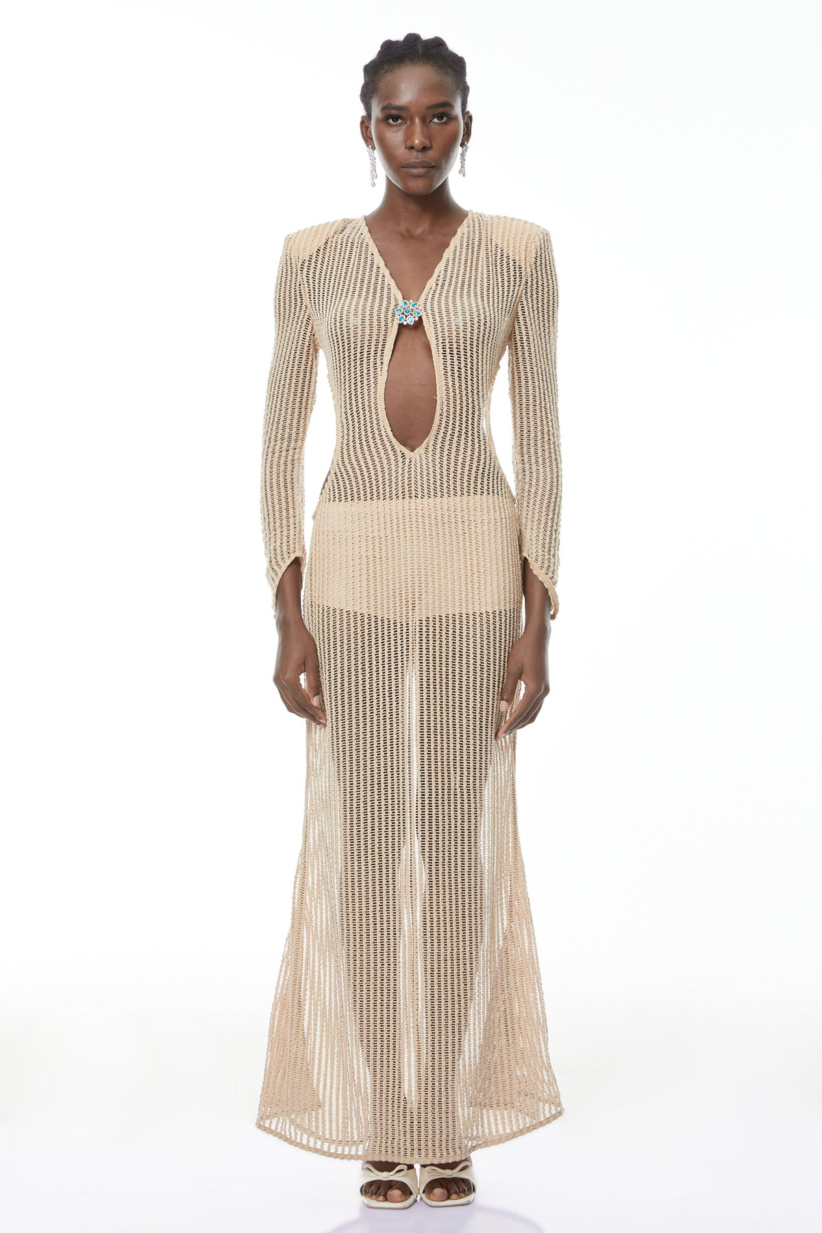 Martina Neutral Crochet Maxi Dress with Cut Out