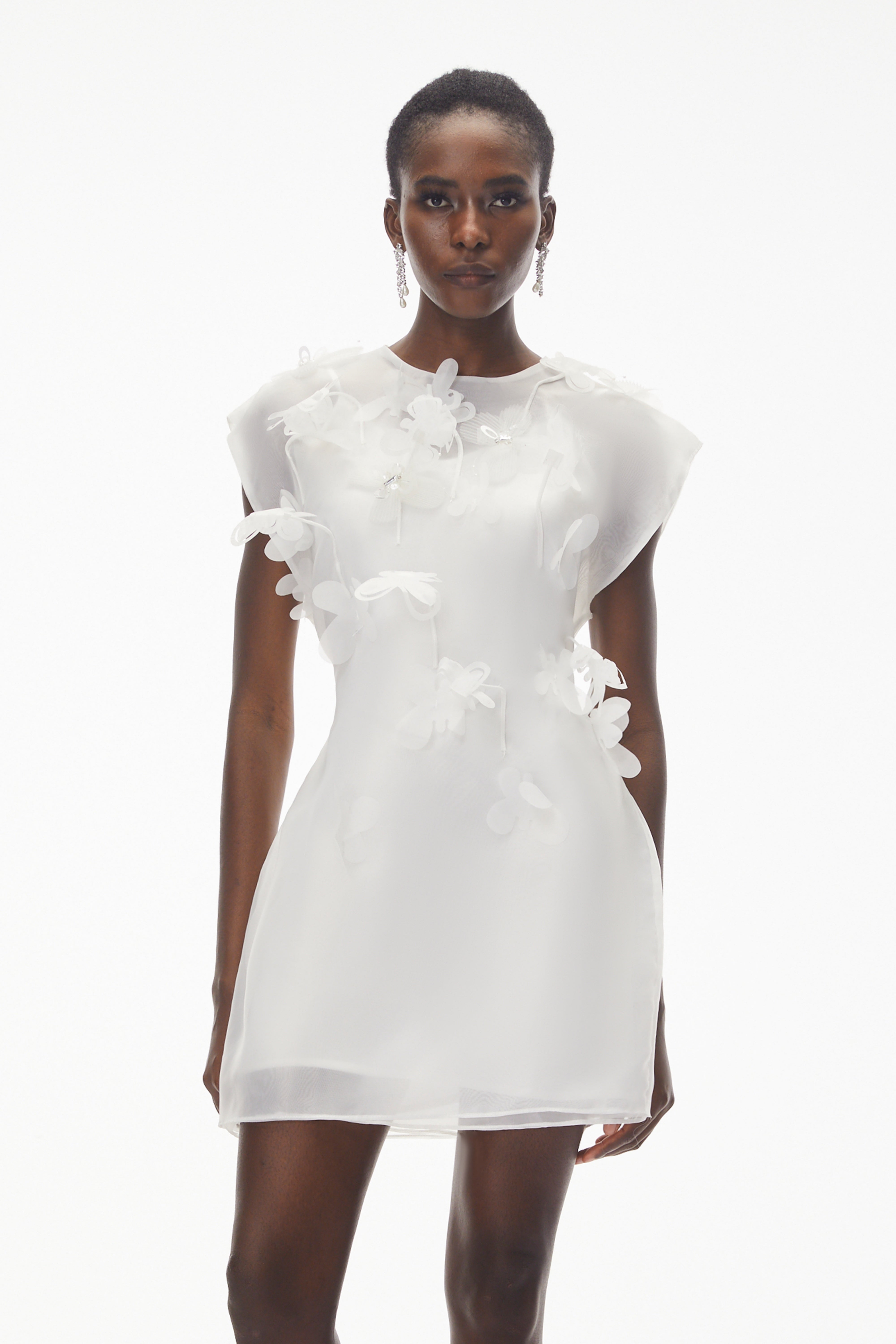 Maryam White Chiffon Mini Dress with 3D Petals
