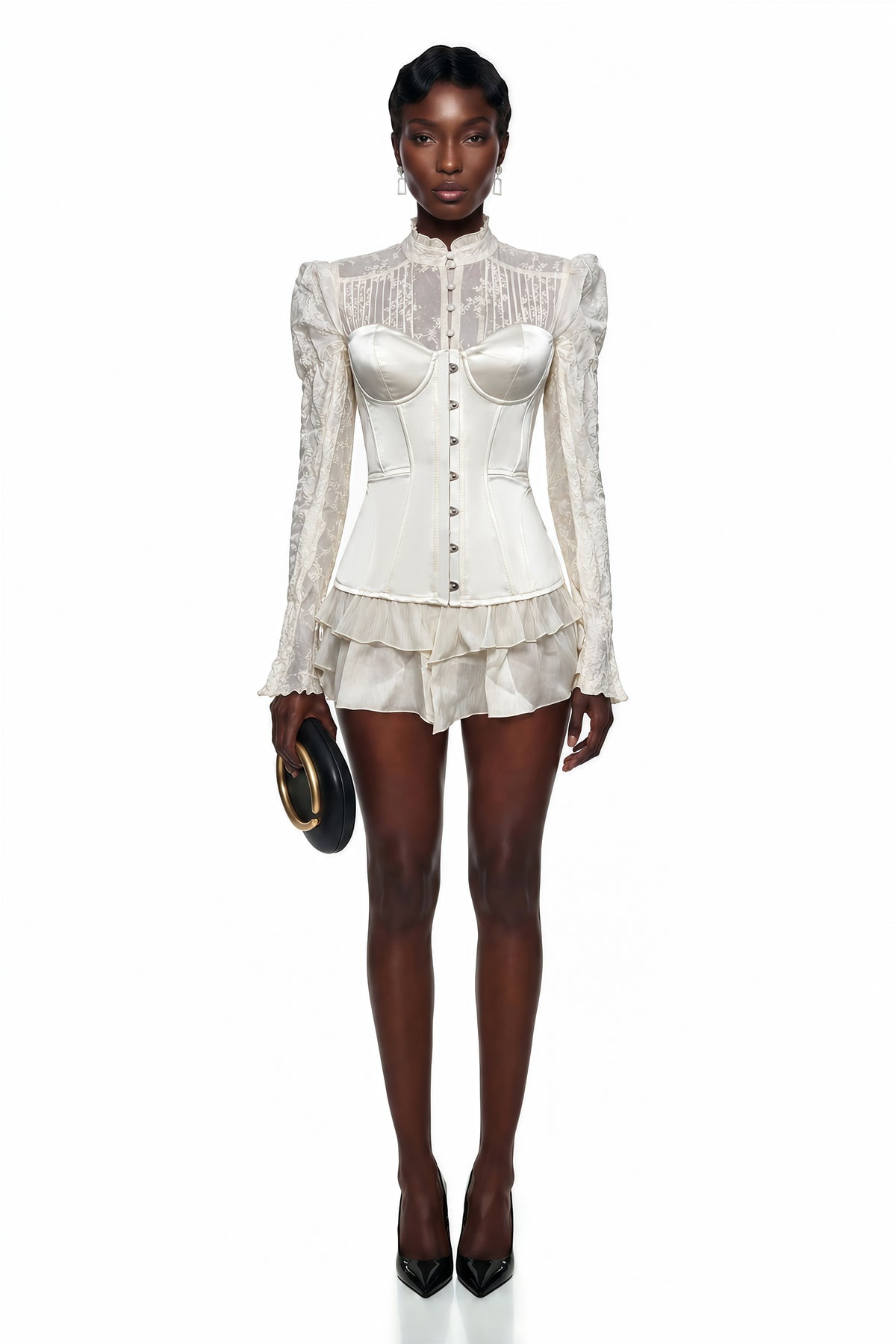 Matilde White Satin Corset Mini Dress with Lace Panels
