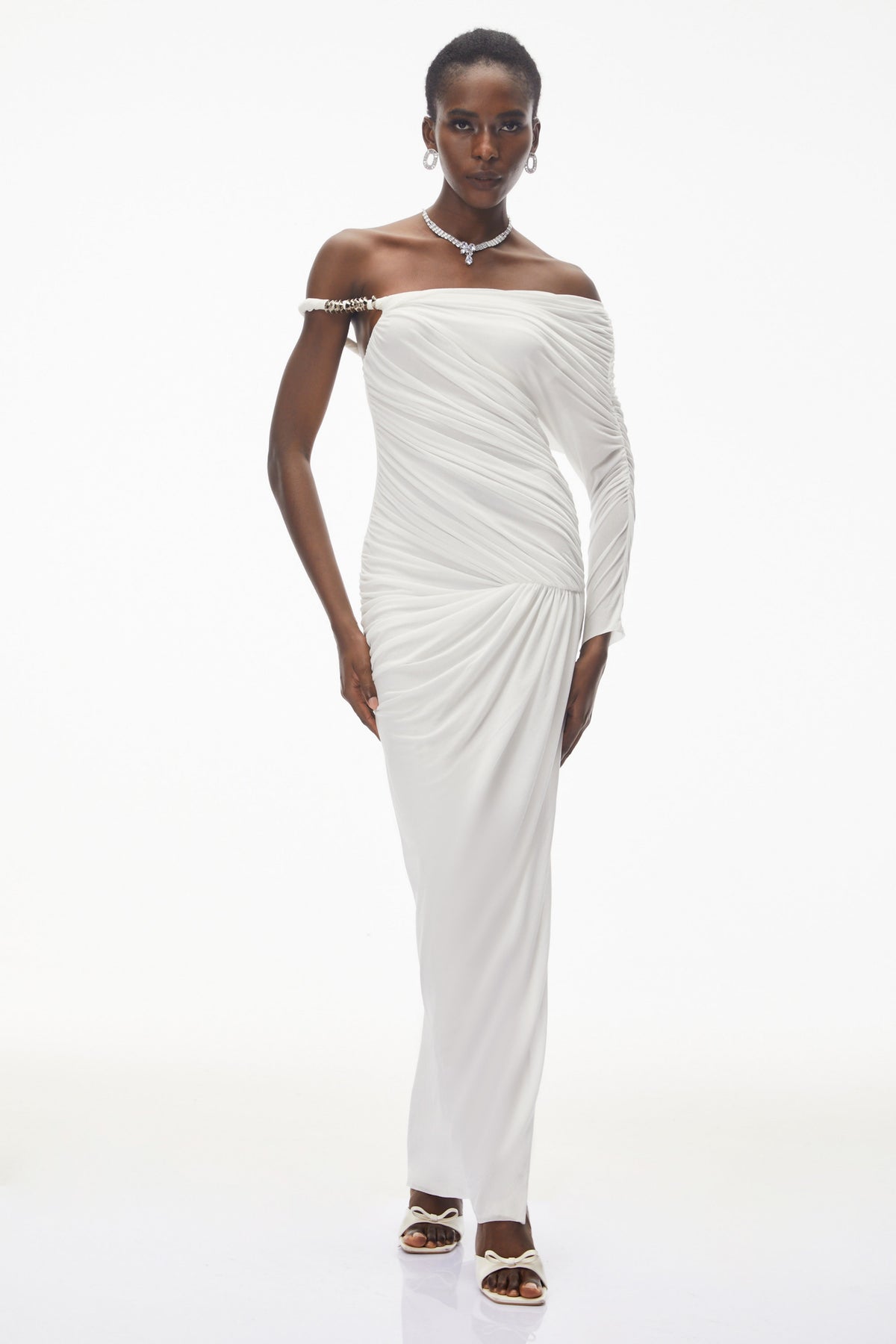 Maya White One Shoulder Ruched Maxi Dress