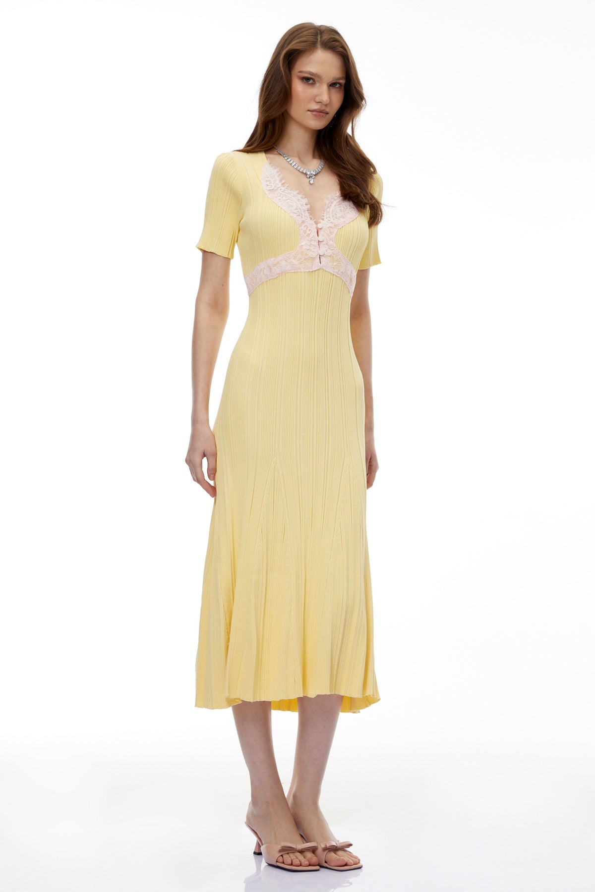 Meleager Yellow Plunge Neck Lace Midi Dress