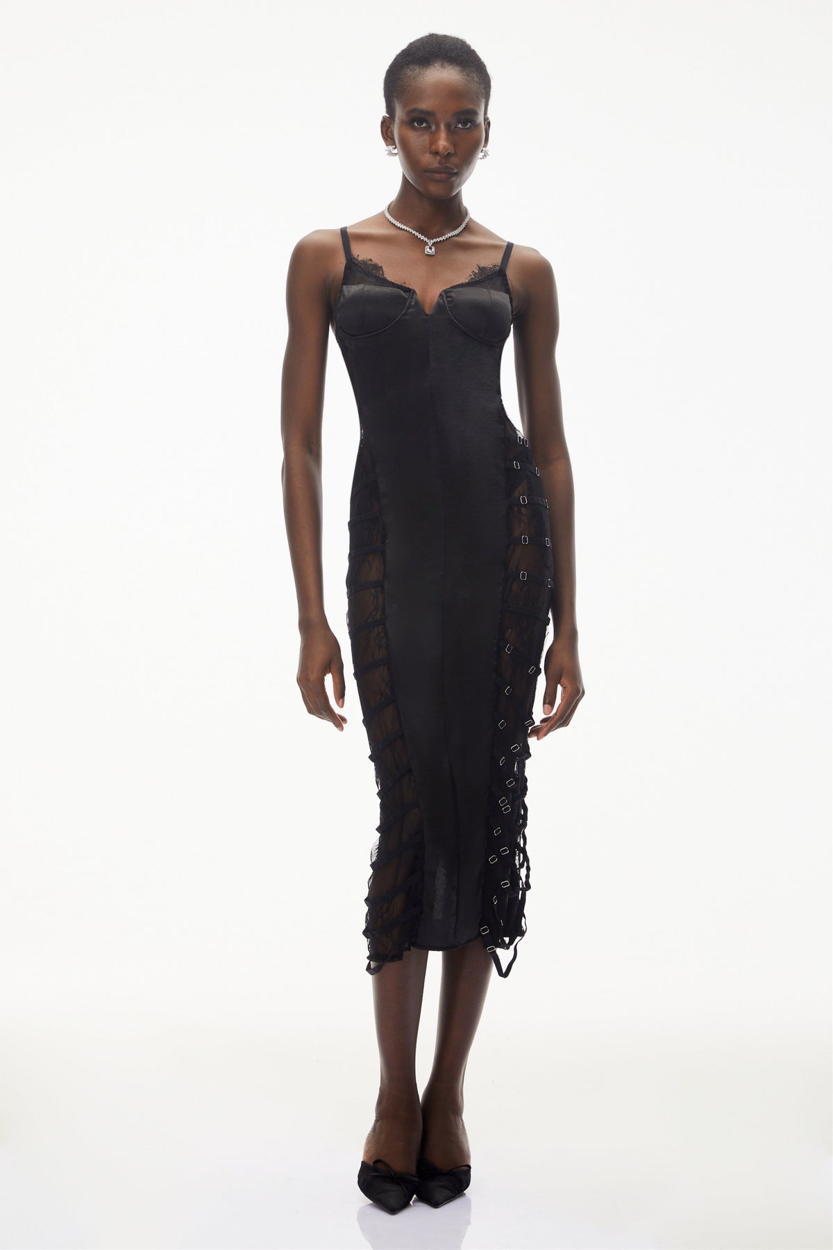 Melora Black Floral Lace Semi-Sheer Midi Dress
