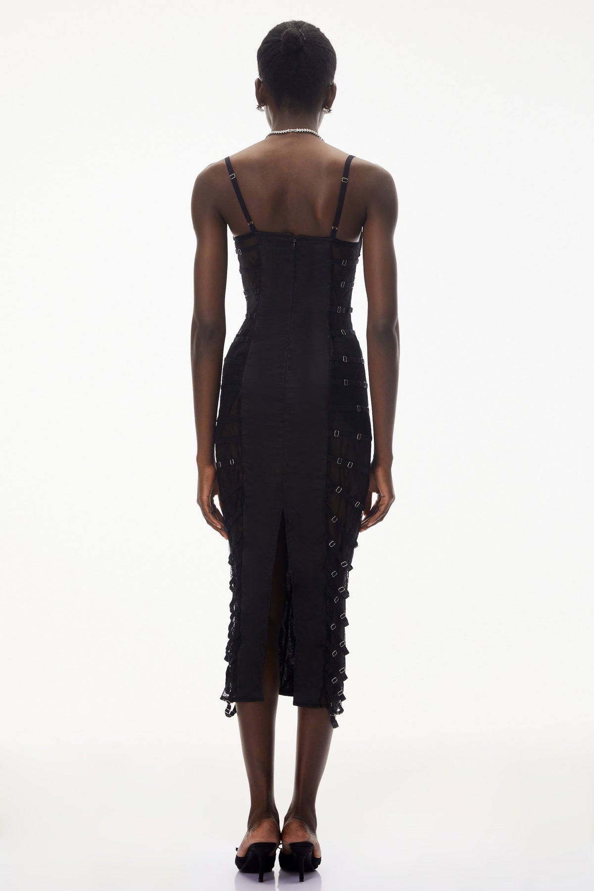 Melora Black Floral Lace Semi-Sheer Midi Dress