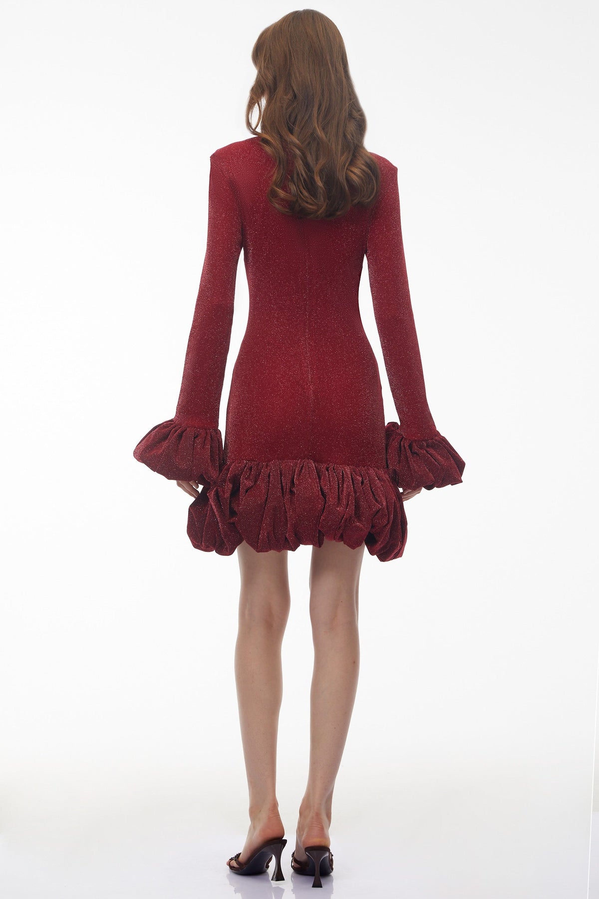 Meredith Red Long Sleeve Midi Dress with Ruffled Trim