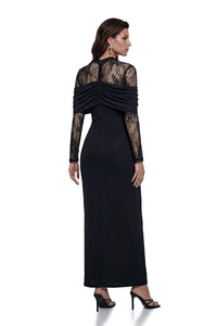 Meri Black Ruched Maxi Dress with Lace Panels