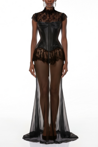 Michalina Black Lace Convertible Gown with Detachable Skirt