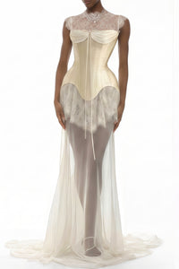 Michalina White Lace Convertible Gown with Detachable Skirt
