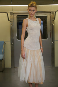 Miguel White Pearl Mesh Panel Midi Dress