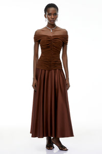 Milla Chocolate Brown Off Shoulder Maxi Dress