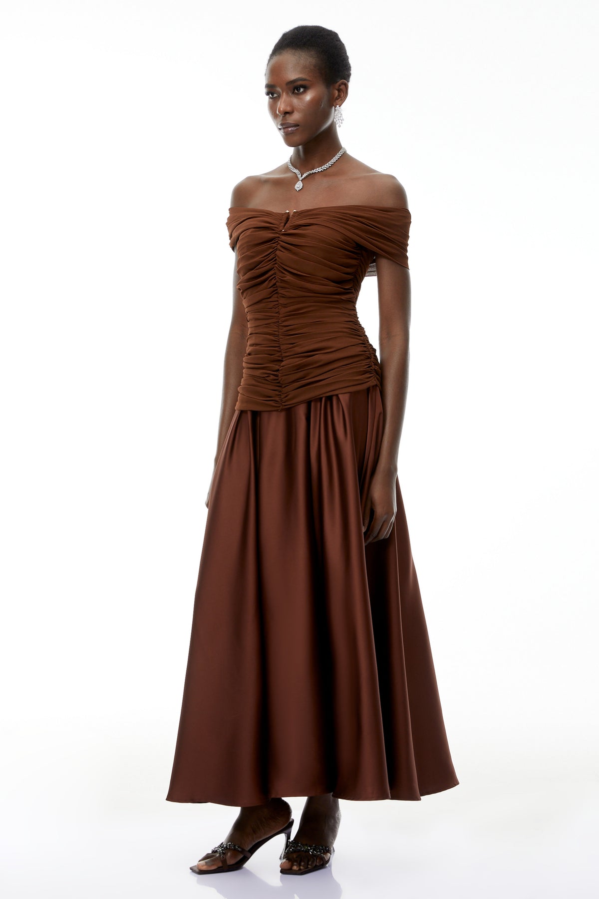 Milla Chocolate Brown Off Shoulder Maxi Dress