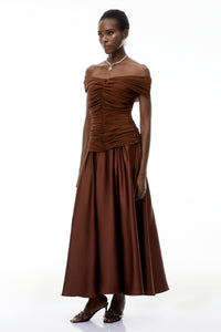 Milla Chocolate Brown Off Shoulder Maxi Dress