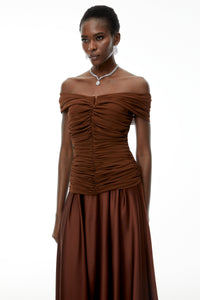 Milla Chocolate Brown Off Shoulder Maxi Dress