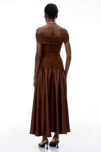 Milla Chocolate Brown Off Shoulder Maxi Dress