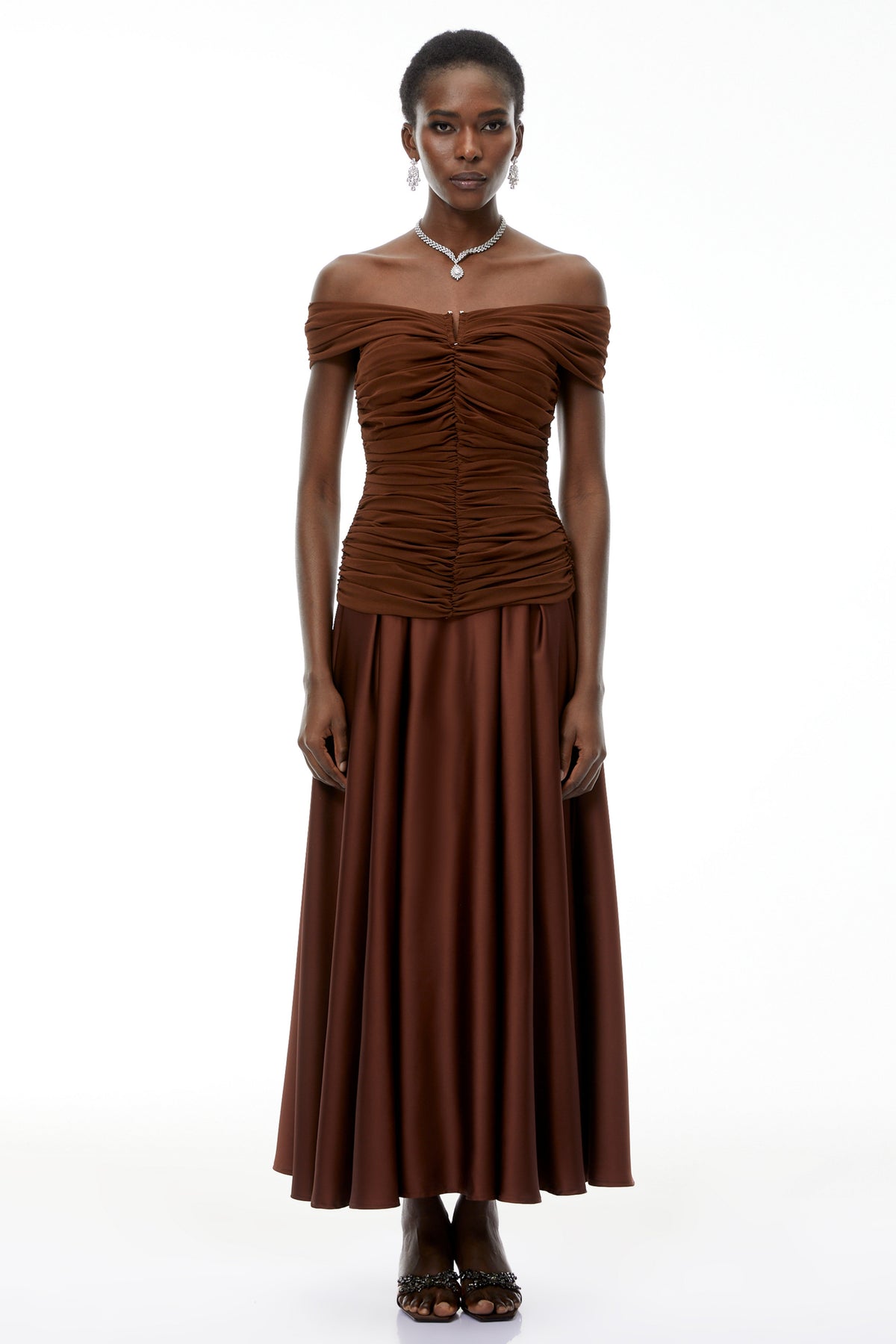Milla Chocolate Brown Off Shoulder Maxi Dress