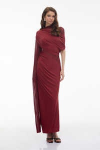 Mioara Red Asymmetrical Draped Cape Design Dress