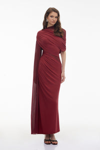 Mioara Red Asymmetrical Draped Cape Design Dress