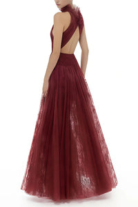 Amandine Red Halterneck Semi-sheer Maxi Dress