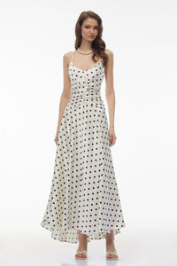 Morgause White Polka Dot Ruched Maxi Dress