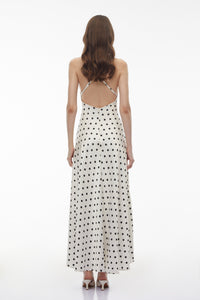 Morgause White Polka Dot Ruched Maxi Dress
