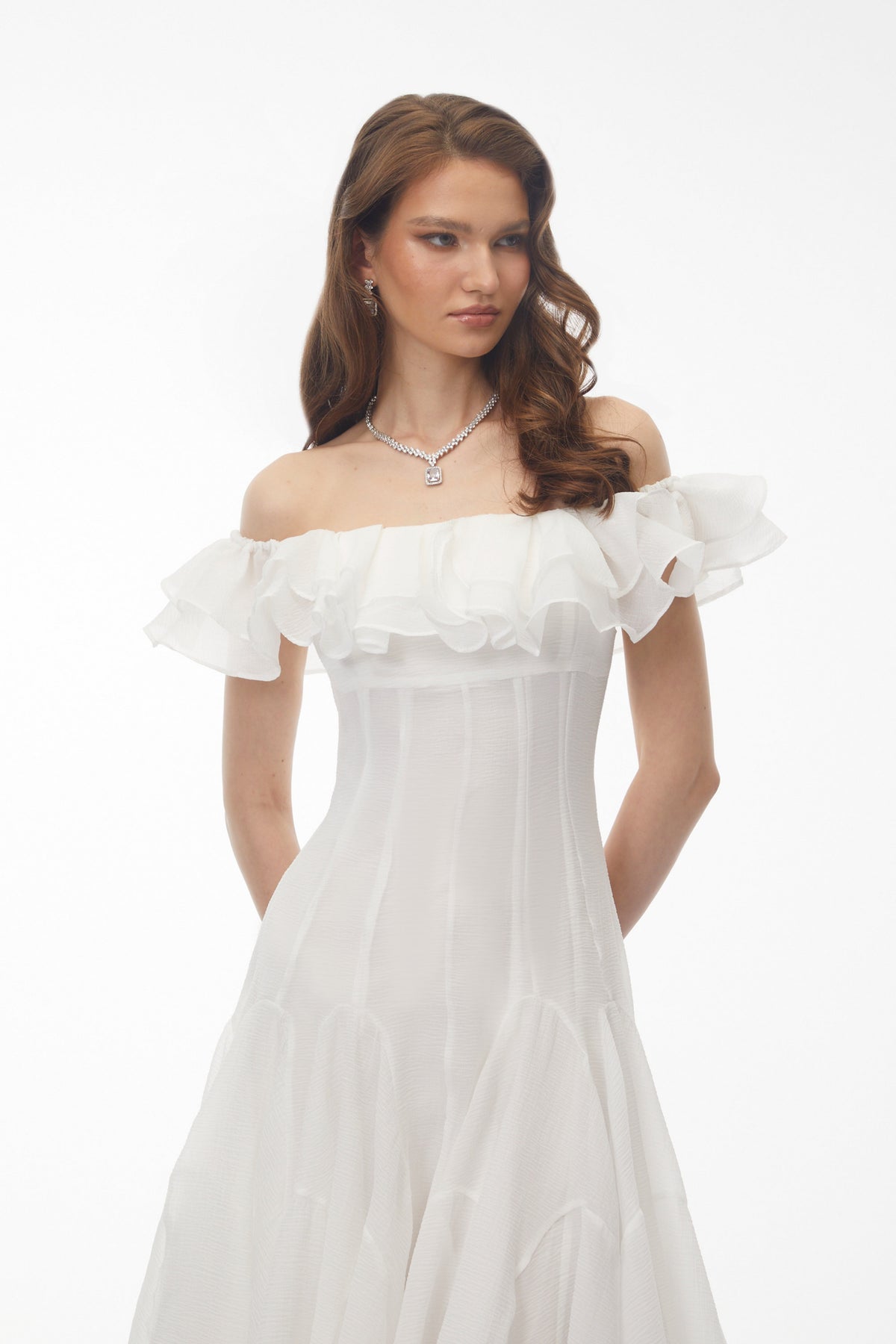 Muriel White Off Shoulder Ruched Midi Dress