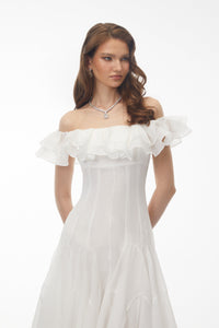 Muriel White Off Shoulder Ruched Midi Dress