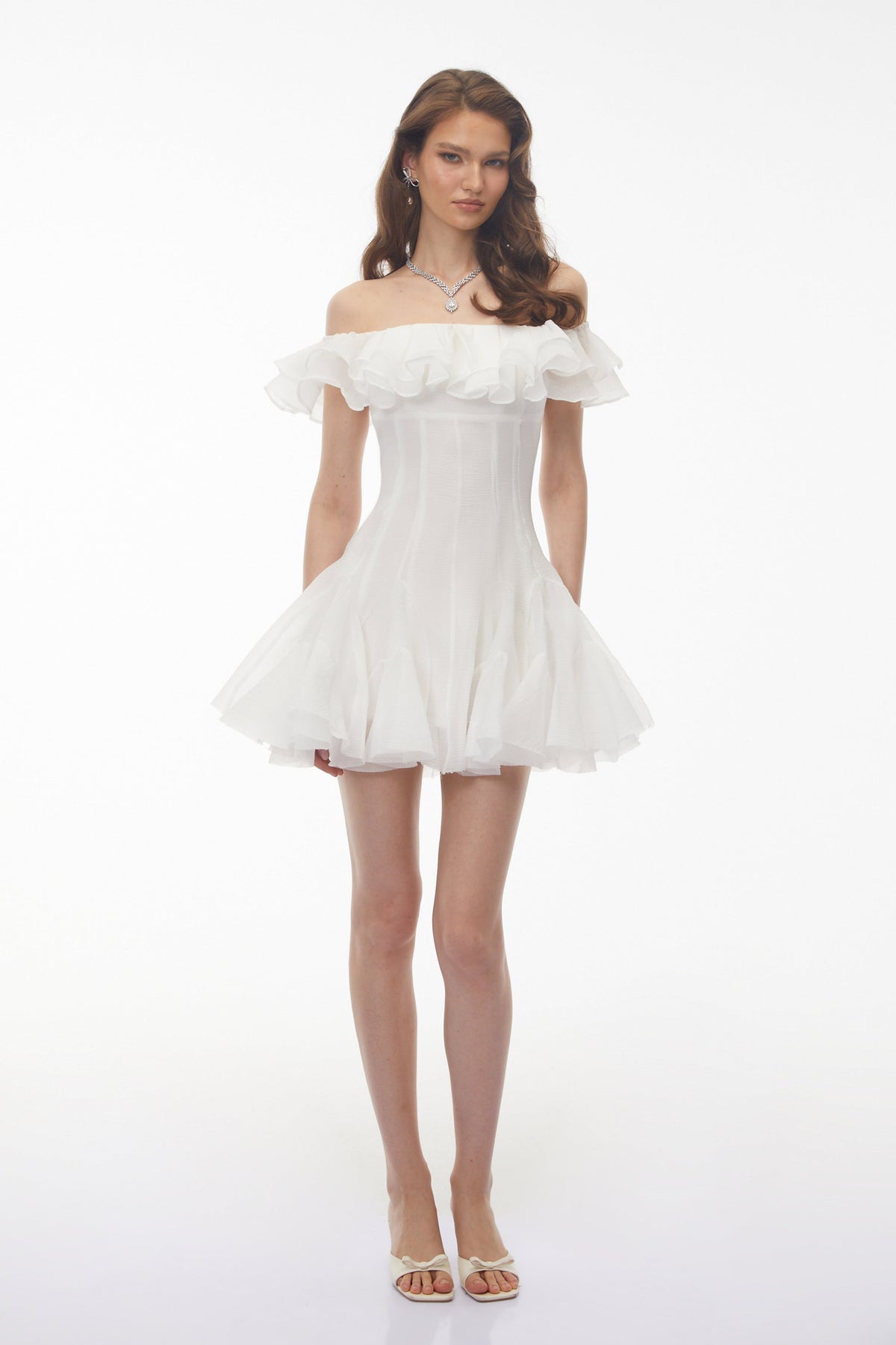 Muriel White Off Shoulder Ruched Mini Dress