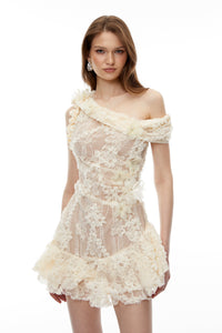 Niobe White Flared Lace Mini Dress with 3D Florals