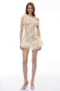 Niobe White Flared Lace Mini Dress with 3D Florals