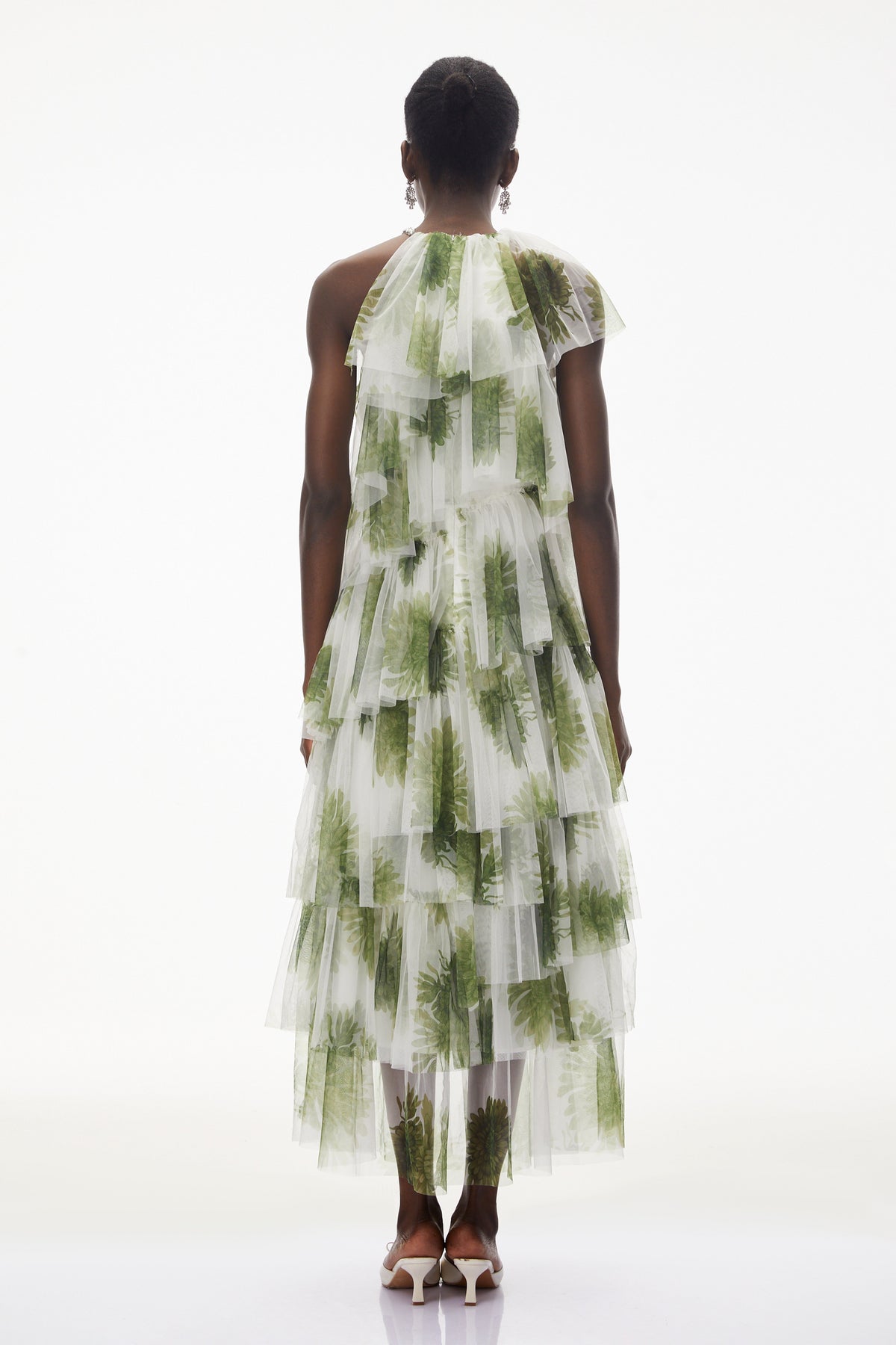 Nitzan Green Printed Tiered Maxi Dress with Sheer Overlay