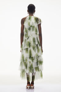 Nitzan Green Printed Tiered Maxi Dress with Sheer Overlay