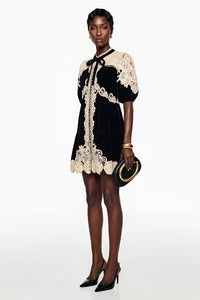Nora Black Velvet Mini Dress with Lace Panels