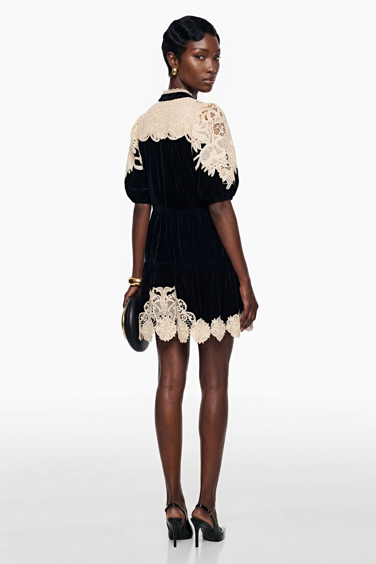 Nora Black Velvet Mini Dress with Lace Panels