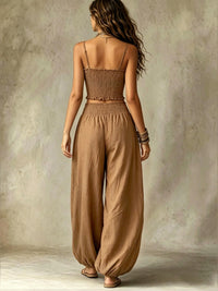 Smocked Crop Top Wide Leg Two-Piece Pants Set