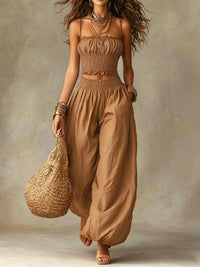 Smocked Crop Top Wide Leg Two-Piece Pants Set