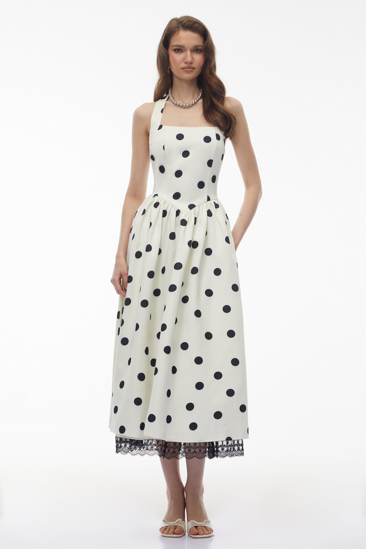 Odelia White Polka Dot Midi Dress with Lace Trim
