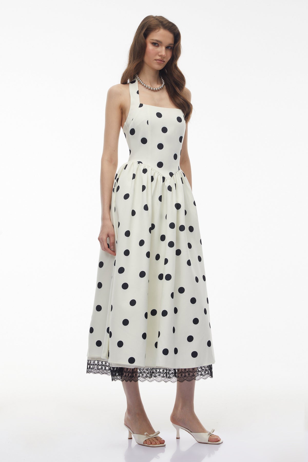 Odelia White Polka Dot Midi Dress with Lace Trim