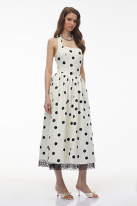 Odelia White Polka Dot Midi Dress with Lace Trim