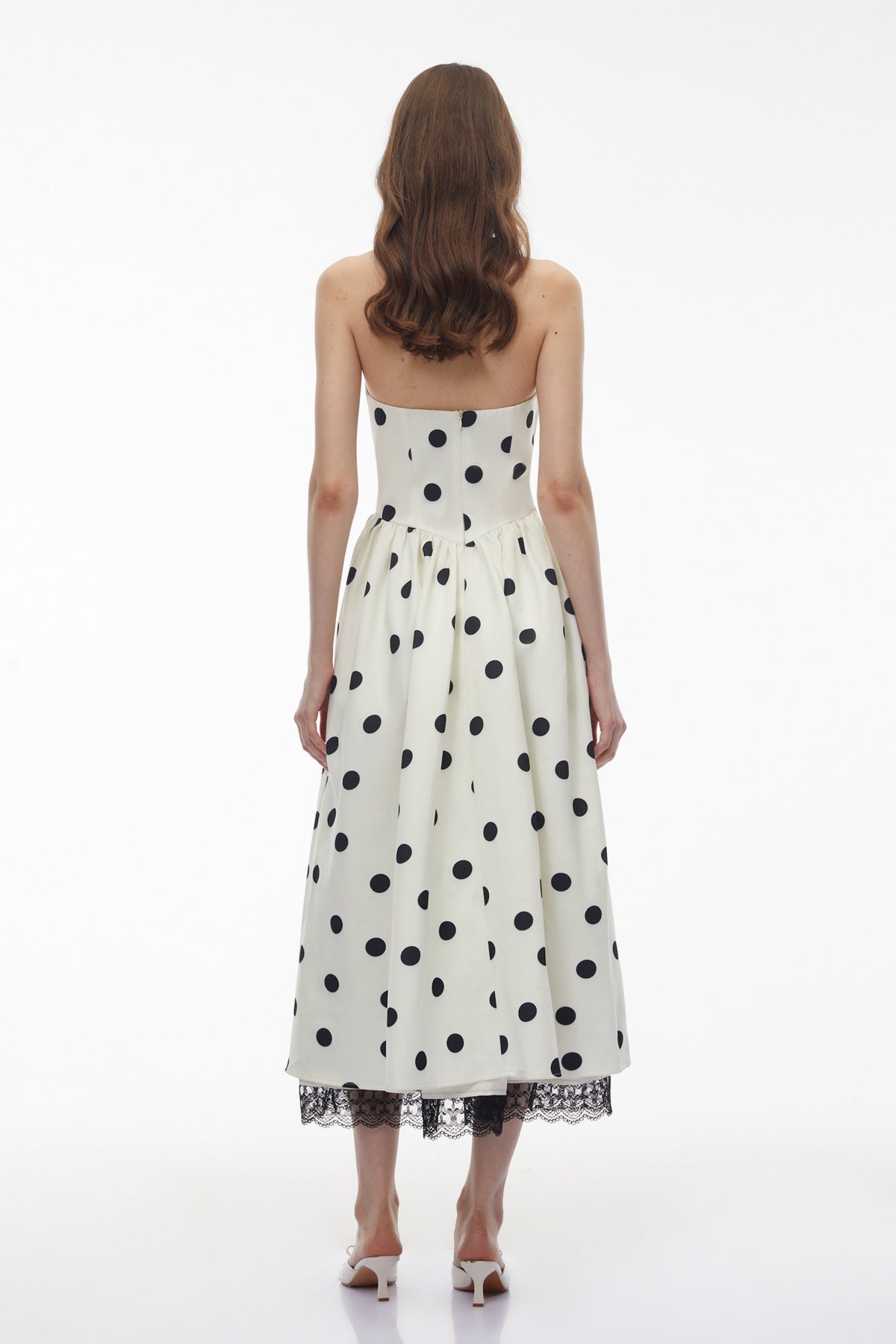 Odelia White Polka Dot Midi Dress with Lace Trim