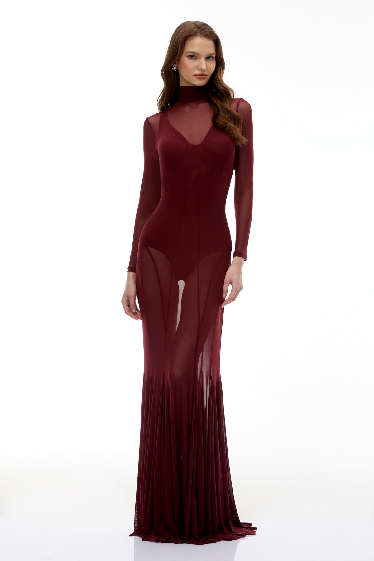 Ofra Burgundy Mesh Bodysuit & Dress Set