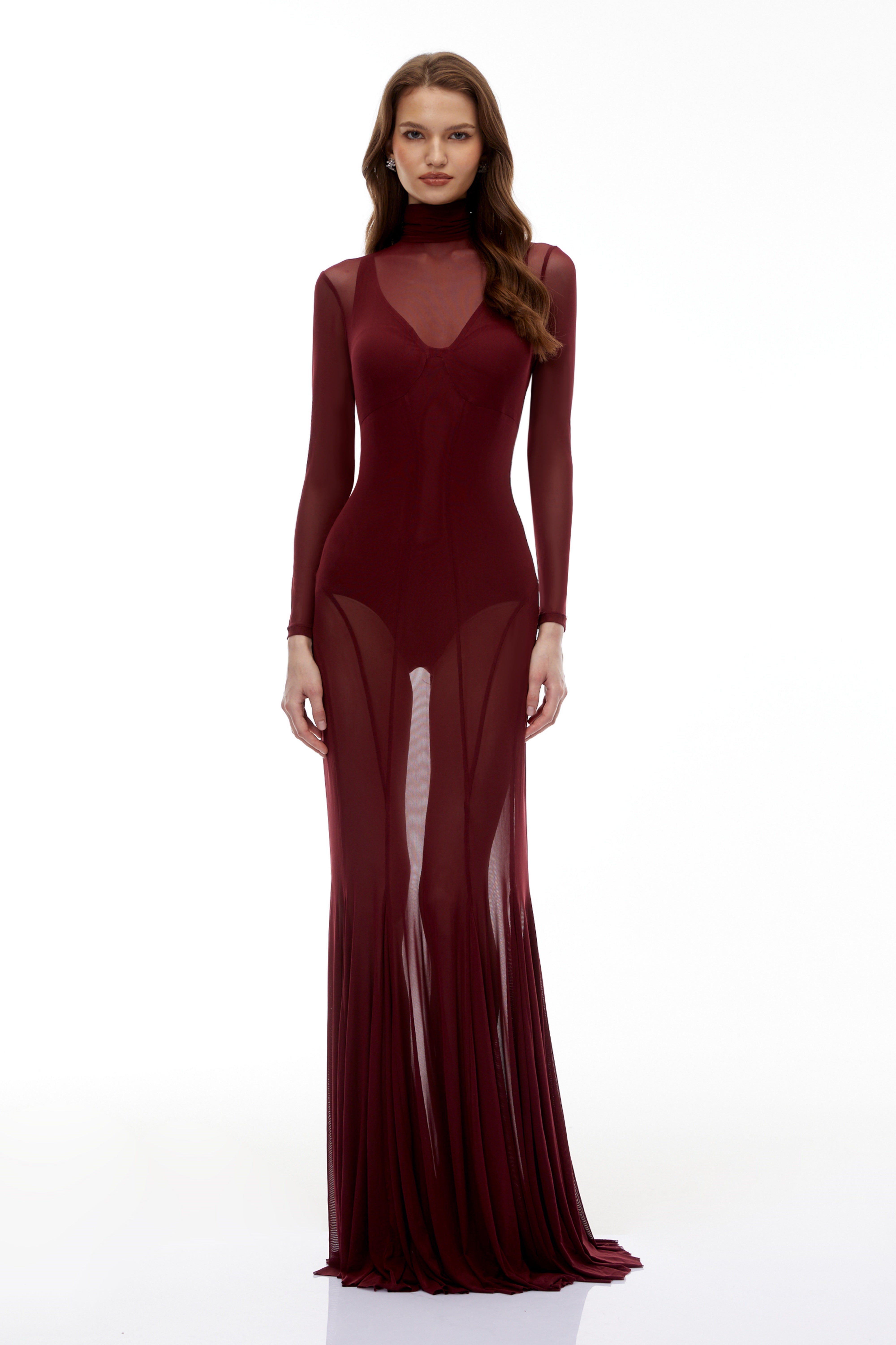 Ofra Burgundy Mesh Bodysuit & Dress Set