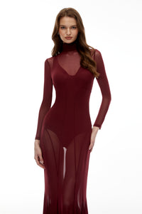Ofra Burgundy Mesh Bodysuit & Dress Set