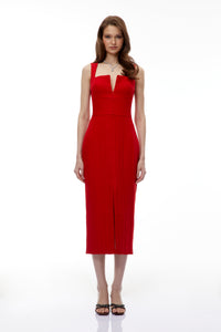 Olena Red Front Zip Corset Midi Dress